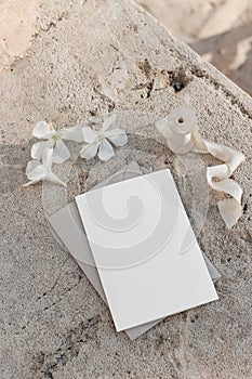 Summer wedding stationery mock-up. Blank greeting card, invitation with craft envelope, silk ribbon. White oleander