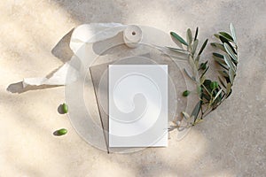 Summer wedding stationery mock-up scene. Blank greeting card, invitation. Craft envelope, olive fruit, branch and silk