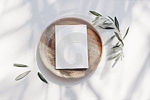 Summer wedding stationery mock-up scene. Blank greeting card, wooden plate, olive tree leaves and branches in sunlight