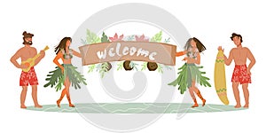 Summer welcoming banner with hawaiian dancers. Tropical beach party invitation