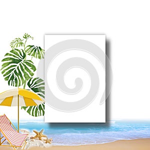 Summer White invitation greetings card mockup  with exotic  flowers and leaf  tropical summer  elements  copy space template