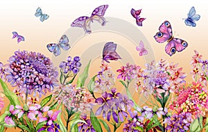 Summer wide banner. Vivid iberis flowers and colorful butterflies on orange background. Seamless panoramic floral pattern.