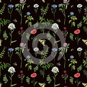 Summer wild flowers botanical seamless pattern. Watercolor meadow flowers print. Hand drawn floral illustration on dark background