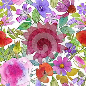 Summer wild flowers and leaves watercolor seamless pattern. Fashion textile wallpaper floral botanical illustration.