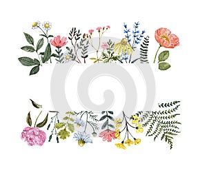 Watercolor wildflowers frame on white background. Beautiful summer meadow floral border for cards, invitations