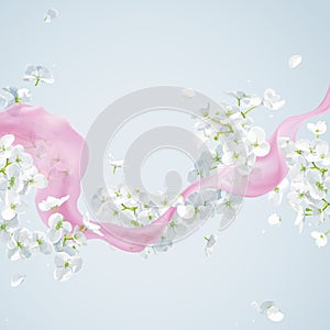 Summer wind - vector white apple blossom and pink silk ribbon