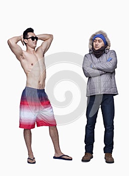 Summer and winter clothes, young men, opposite, studio shot