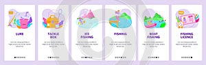 Summer and winter fishing tackle. Fishing rod, boat, lure. Mobile app onboarding screens, vector website banner template