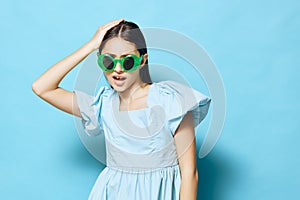 summer woman beautiful dress style model dance blue fashion young studio