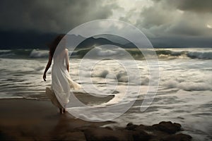 summer woman sea dress storm sky beach cloud holiday nature ocean. Generative AI.