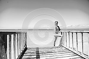 summer woman on vacation resort outdoor, copy space. summer woman on vacation resort