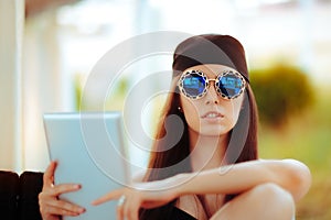 Summer woman Wearing Bandana and Sunglasses with PC Tablet
