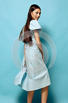 summer woman young studio fashion style blue model beautiful brunette dress
