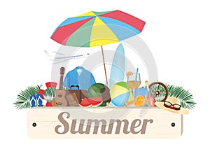 Summer wood board with ukulala Ring rescue sandal shirt travel bag water melon surfboard ball juice steering boat hat airplane and