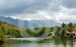 Summer wooden bungalows ashore of the picturesque lake