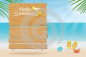 Summer wooden sign on tropical beach background