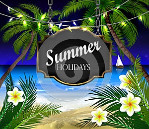 Summer wooden sign on tropical beach background