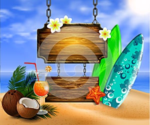 Summer wooden sign on tropical beach background