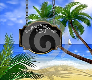 Summer wooden sign on tropical beach background