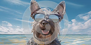 Summer Woofs Cute Scottish Terrier Dog Wearing Sunglasses Spreading Laughter on ocean background. Generative AI
