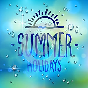 Summer word drawn on a window, water rain drops or condensate macro over blurred blue background, vector 3d realistic transparent