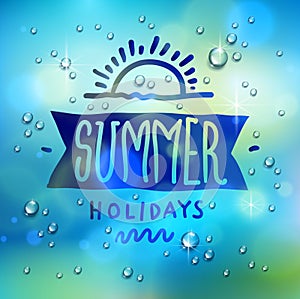 Summer word drawn on a window, water rain drops or condensate macro over blurred blue background, vector 3d realistic transparent