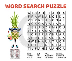 Summer word search game puzzle for kids. Vacation, beach, sea. English words. Cartoon, vector