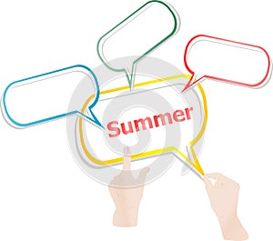 Summer word on speech bubbles and people hand