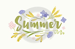 Summer word written with elegant cursive font and surrounded by beautiful blooming flowers, ears or spikes of cereal
