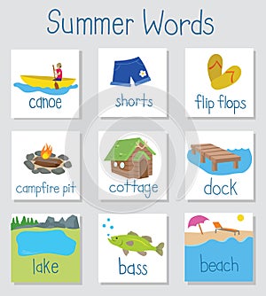 Summer words with illustrations on a cue card