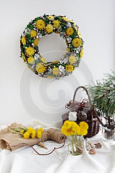Summer wreath of natural cones. Handmade wreath for wall decor. Spring home decor