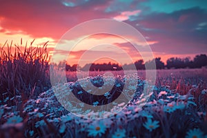 Summer Wreath with Rustic Wildflowers in a Circular Design on a Bright Meadow Background