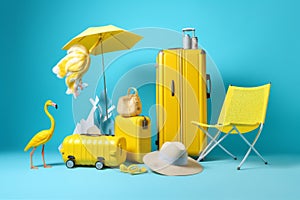 summer yellow suitcase leaf travel blue background flamingo concept sunglasses vacation. Generative AI.