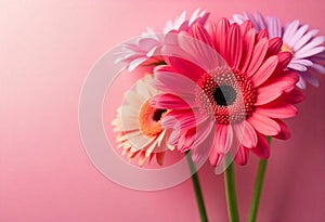 Summerautumn blossoming gerbera flowers on pink background, bright floral card, selective focus photo