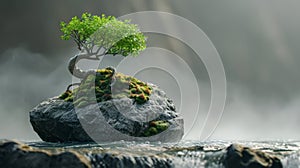 Summerl view of an old pine tree standing on the rock cliff against mountain in background