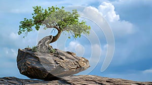 Summerl view of an old pine tree standing on the rock cliff against mountain in background