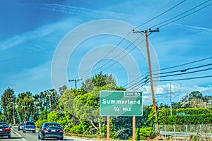 Summerland exits sign on 101 freeway northbound