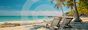 Summers beauty: Lounge chairs, palm trees, tranquil sea   a beachfront escape