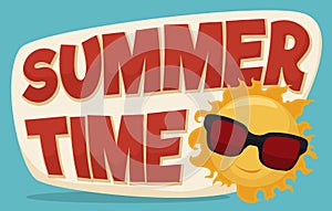 Summertime Banner with Cool Sun Wearing Sunglasses, Vector Illustration