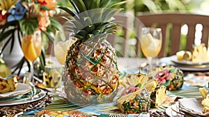 A summertime BBQ is made even sweeter with a centerpiece of a beautifully carved pineapple adding a touch of tropical photo