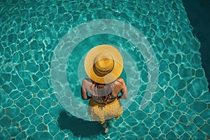 Summertime Bliss: Aerial View of Woman in Yellow Hat Standing in Swimming Pool