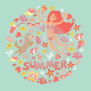 Summertime card. Circle cartoon design with summer icons, girl with a dog and text