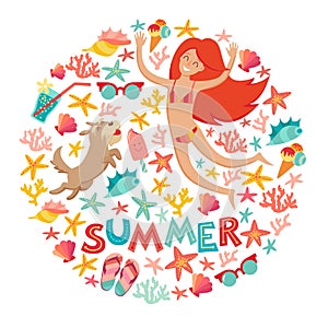 Summertime card. Circle cartoon design with summer icons, girl with a dog and text.