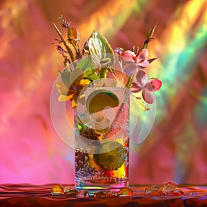 Summertime cocktail with a floral infusion, ice and lime, chilled and frosted glass, decorated with flowers and petals, on a