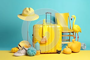 summertime concept summer blue sunglasses flamingo travel yellow background vacation suitcase. Generative AI.