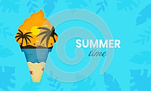 Summertime Concept With Sun Beach View Inside Ice Cream Cone On Blue Tropical Leaves