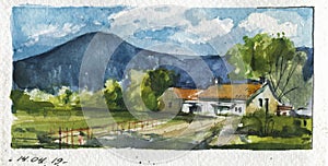 Summertime countryside landscape hand drawn watercolor illustration