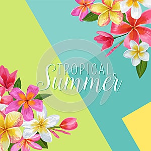 Summertime Floral Poster. Tropical Exotic Plumeria Flowers Design for Banner, Flyer, Brochure, Fabric Print Hello Summer