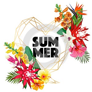 Summertime Floral Poster. Tropical Flowers and Palm Leaves Design for Banner, Flyer, Brochure, Fabric Print Hello Summer