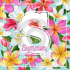 Summertime Floral Poster. Tropical Pink Plumeria Flowers Design for Banner, Flyer, Brochure, Fabric Print. Hello Summer